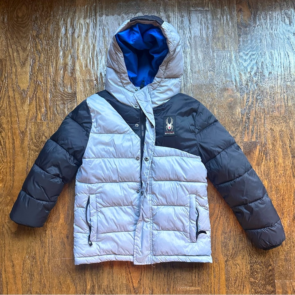 Spyder Boys Ski Jacket 7/8 Small Gray Black Puffer Hooded